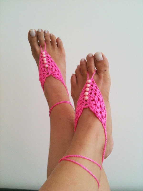 Pink  crochet with white beads  Barefoot Sandals, Nude shoes, Foot jewelry, Wedding, Victorian Lace, Sexy, Lolita, Yoga, Anklet