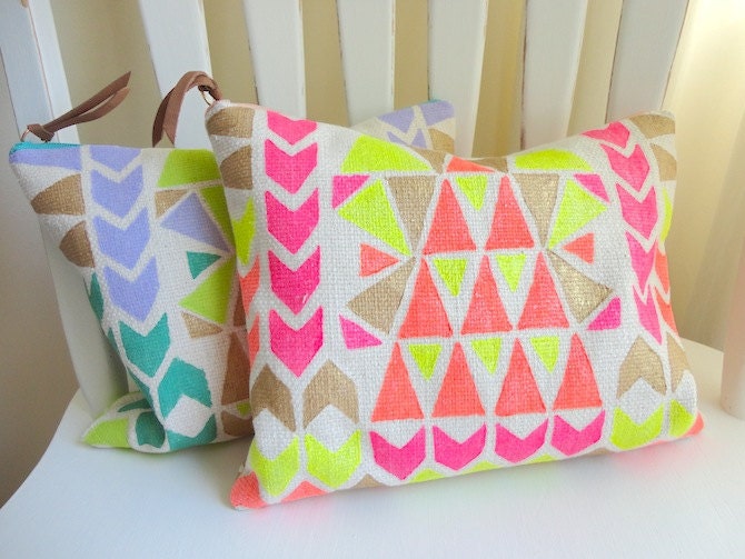 TRIBAL POUCH hand painted clutch handbag with leather- NEON pink