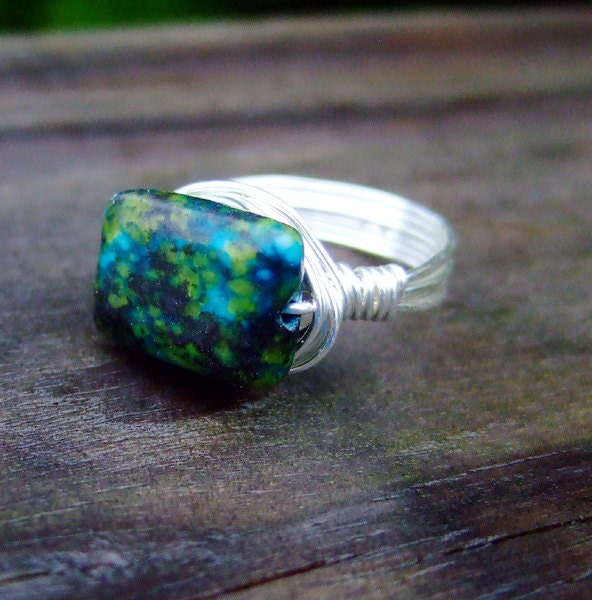 Monet Water Lilies - Australian Jasper Wire Wrapped Ring in Silver - Any Size Made to Order