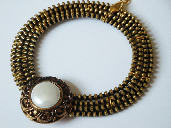 Golden Zipper Necklace with Vintage button