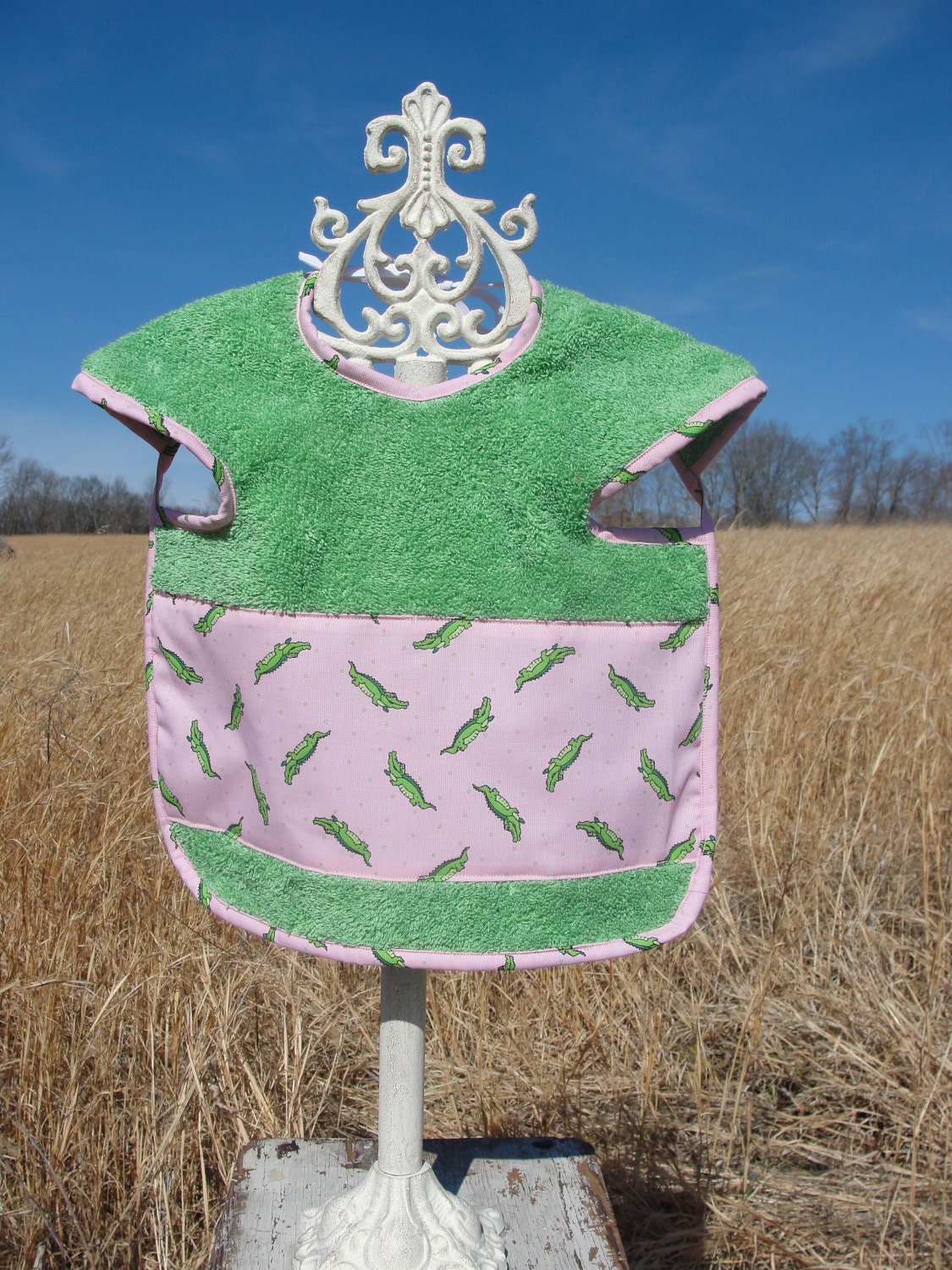 Custom Green Coverall Terry Cloth Bib with Alligators