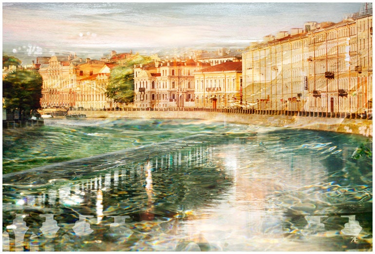 Travel photography - architecture art print landscape - St Petersburg european city - Orange Emerald Green large Wall Art - watercolor