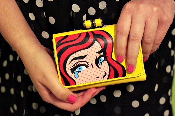 Hand Painted Yellow Vinyl Wallet Clutch - Inspired by Roy Lichtenstein - by pinkjellyfishy