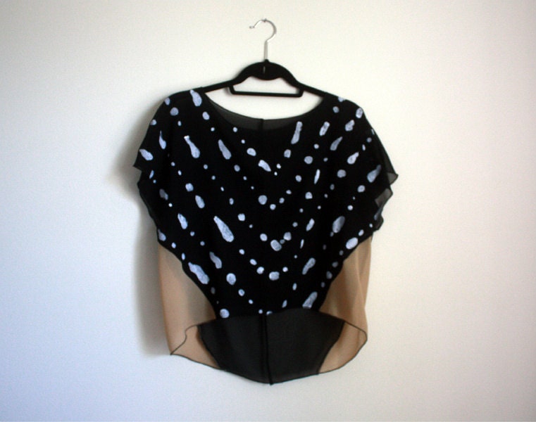 Handprinted Top, Sheer Blouse, Womens Shirt