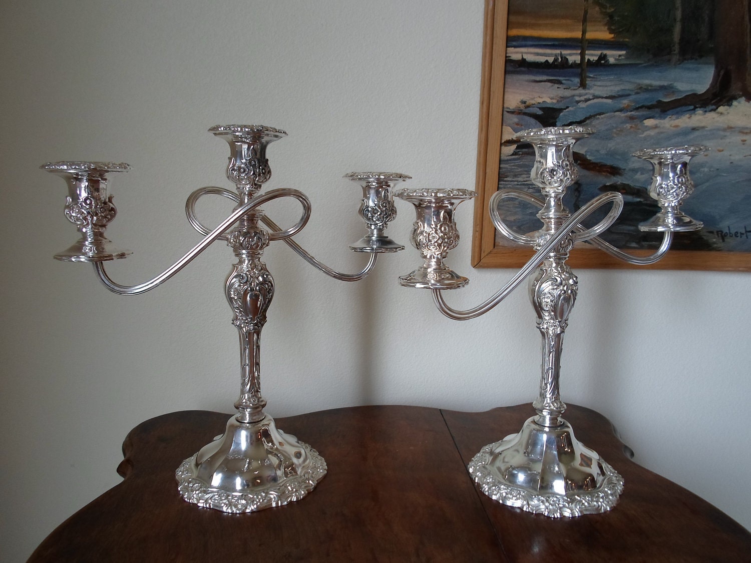 Pair of large 3-light Countess (slvp,Holloware) pattern by  International Silver co. Candelabra  Traditional  Shabby Chic  Cottage Chic