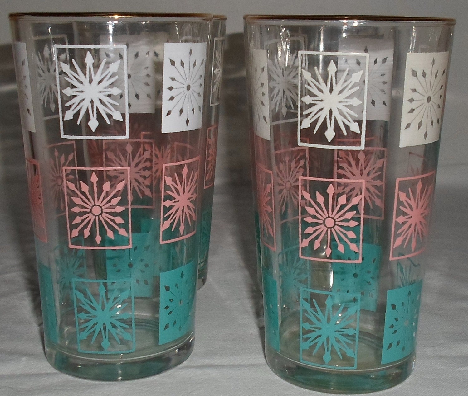 Reserved for Janee Set of 4 vintage retro water glasses torquoise, pink and white pattern 12 oz.