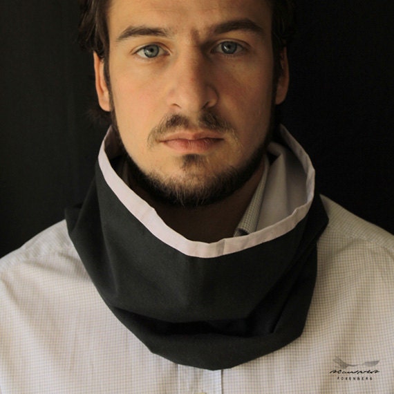 Black Cotton Tube Scarf -- Reversible White Gray Plaid Neckwarmer - gifts for men