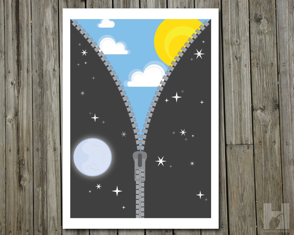 Night and Day - 8.3x11.7 print - Sun - Moon - Stars - Sky - Zipper - Blue - Yellow -White
