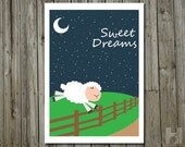 Sweet Dreams - 8.3x11.7 print - Counting Sheep - Nursery - Moon - Stars - White - Green - Blue