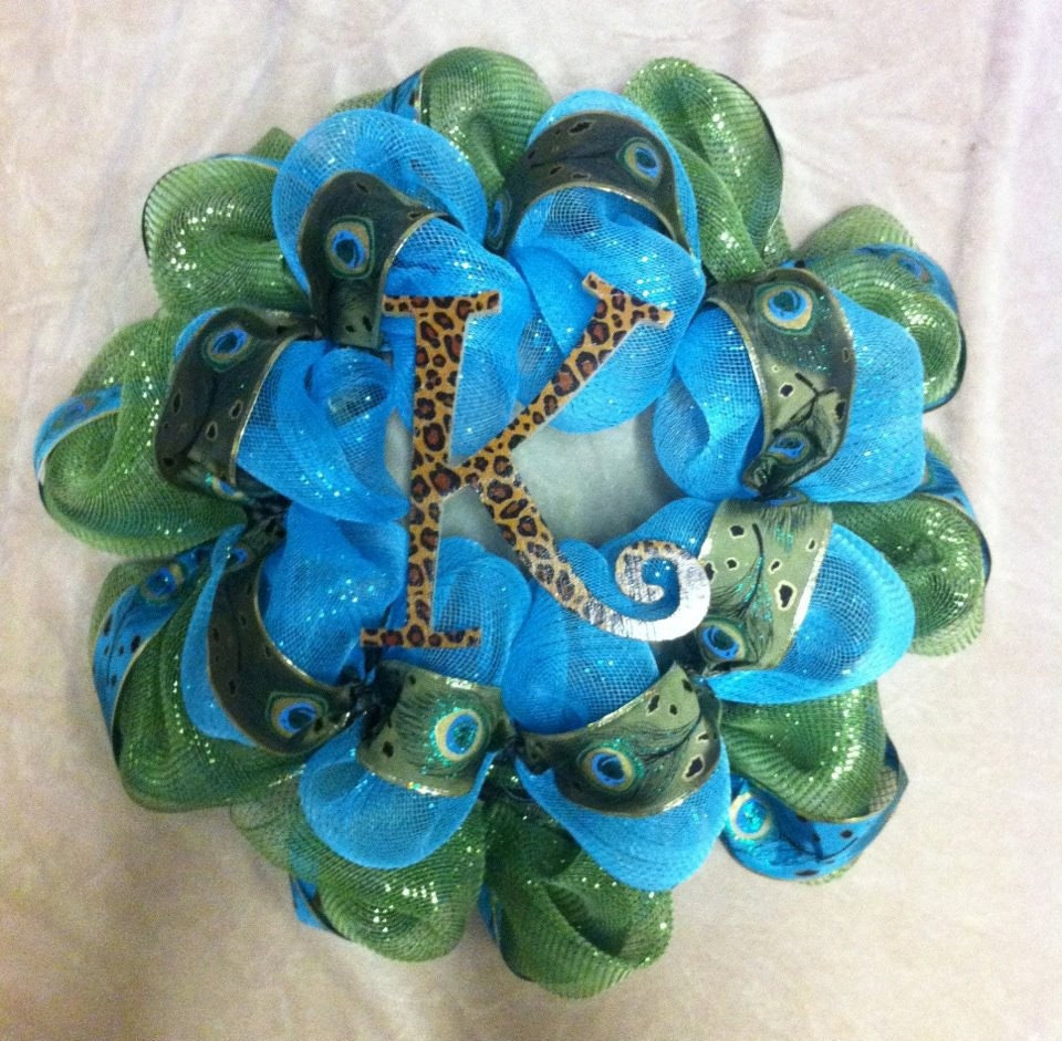 Peacock Deco Poly Mesh Wreath with Leopard Animal Print Initial Spring Wreath