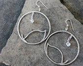 Silver Leaf Large Hoops, Silver Eco Friendly Hoop Earrings, White Topaz Hoop Earrings