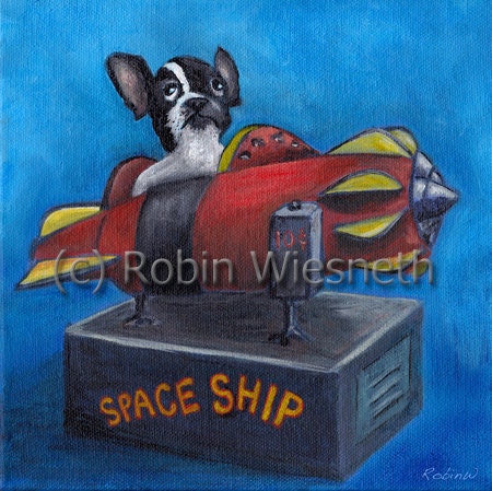 Dog Art - Boston Terrier in Toy Rocket