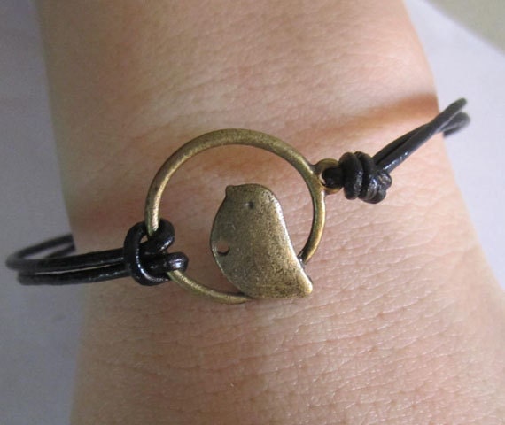 Bracelet--antique bronze flower birdcage  alloy bracelet& black leather chain