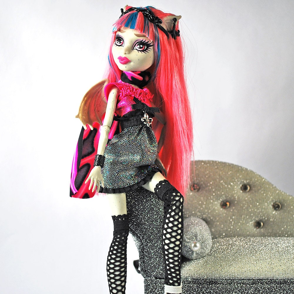 Monster High handmade three piece doll outfit bright and colorful Rochelle Goyle dress, fish net stockings and gorgeous scarf