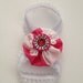 Barefoot Baby Sandals-White Sandals with Hot Pink and White Floral Fabric Yo-Yo Flower Embellishment with Hot Pink Beaded Bling