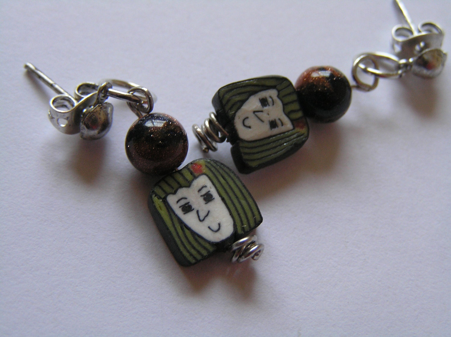Blue and Gold Goldstone w Polymer Clay Face Beads and Antique Silver Plated Post Earrings
