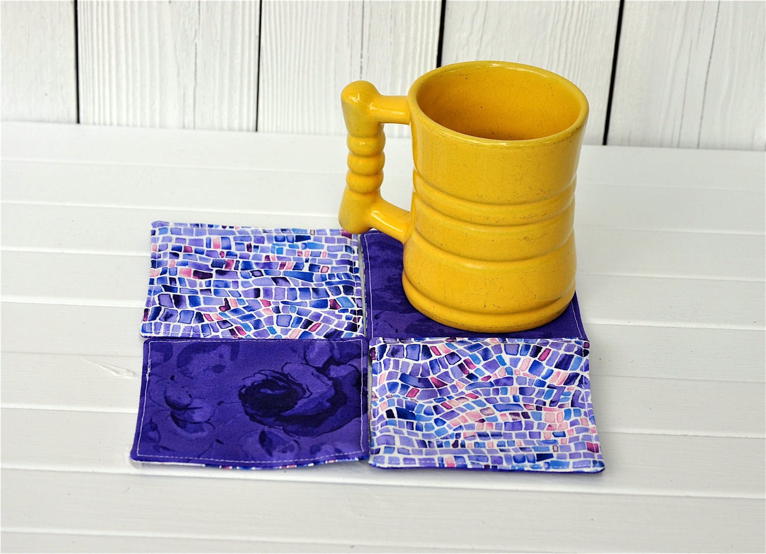 Fabric Coasters With Mosaic Motif in Shades Purple With Deep Purple Floral on Reverse Side Set of Four