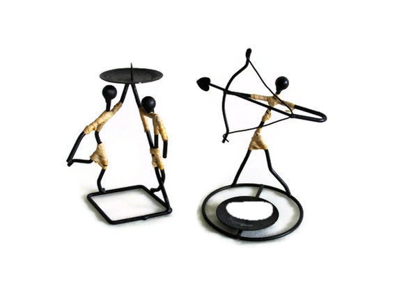 Vintage metal wire art SCULPTURE 2 CANDLE holders. Love ARROW archer & dancing couple. Athletic, minimalist modern industrial home decor