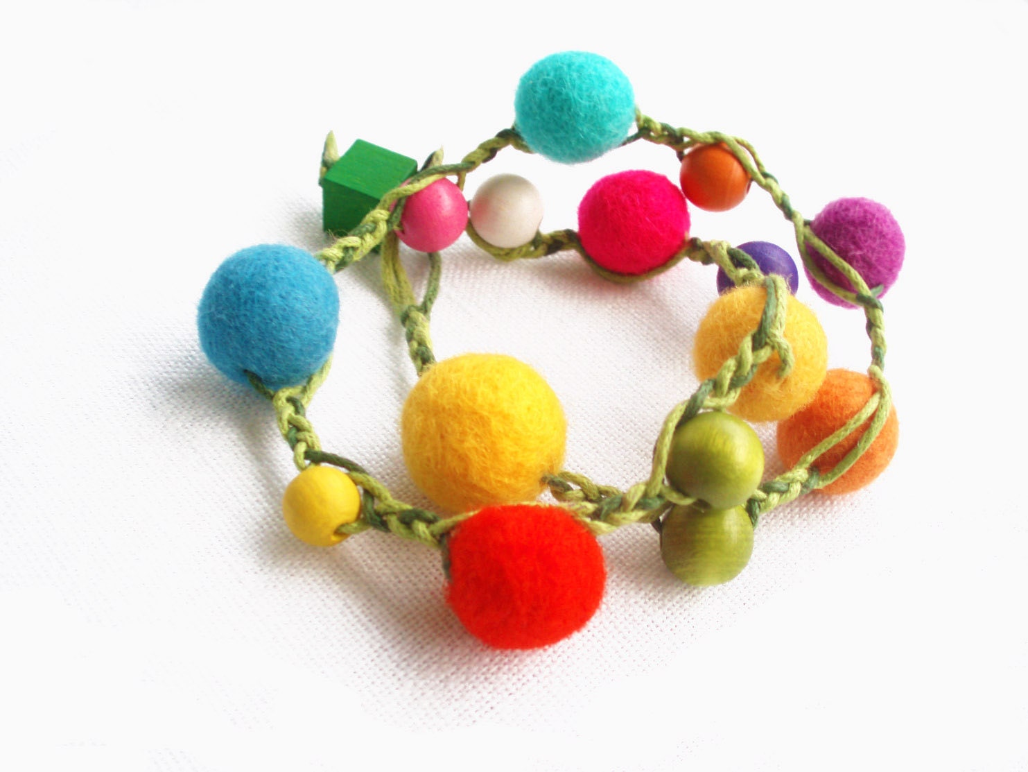 Felt Bracelet with Felt Balls and Wooden Beads -- Hippie Colors