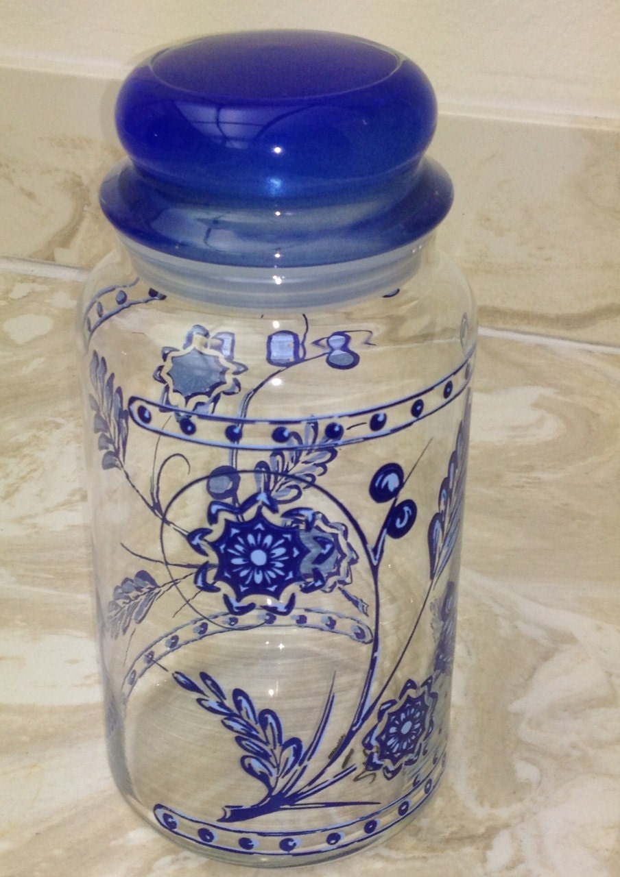Items similar to Vintage Glass Jar Kitchen Countertop Canister Blue ...