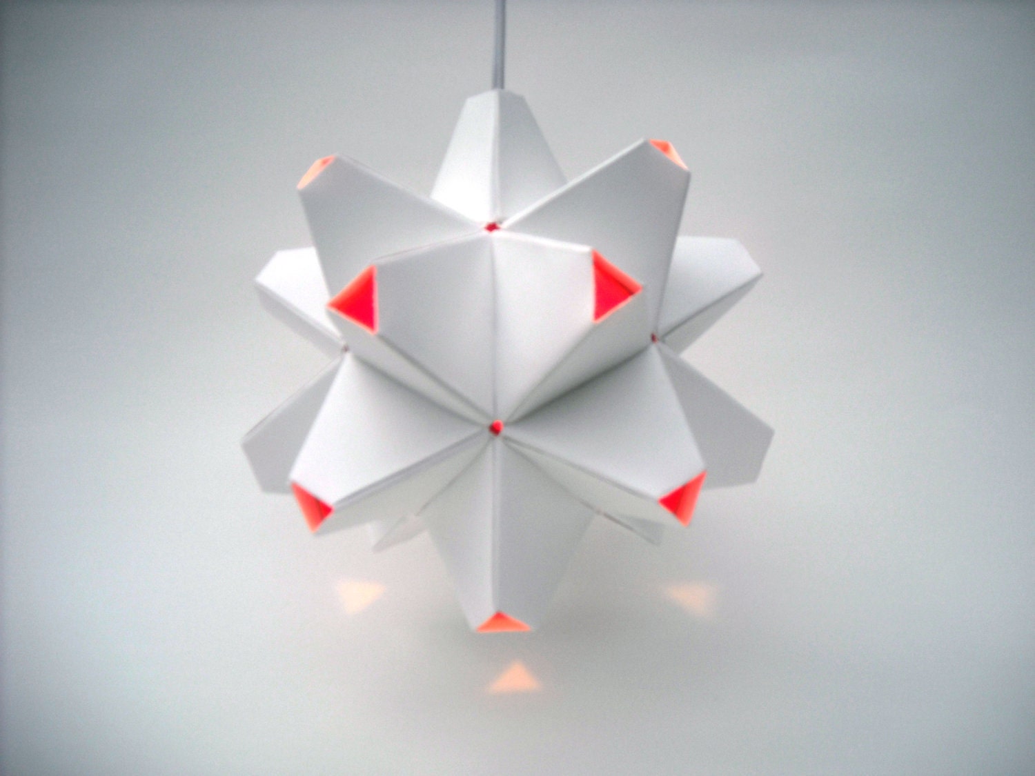 Paper Origami Lamp. White and Orange. 60 sides. (Polyhdra Luminaria Series)