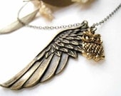 Antique Brass Large Feather with Owl Pendant Necklace