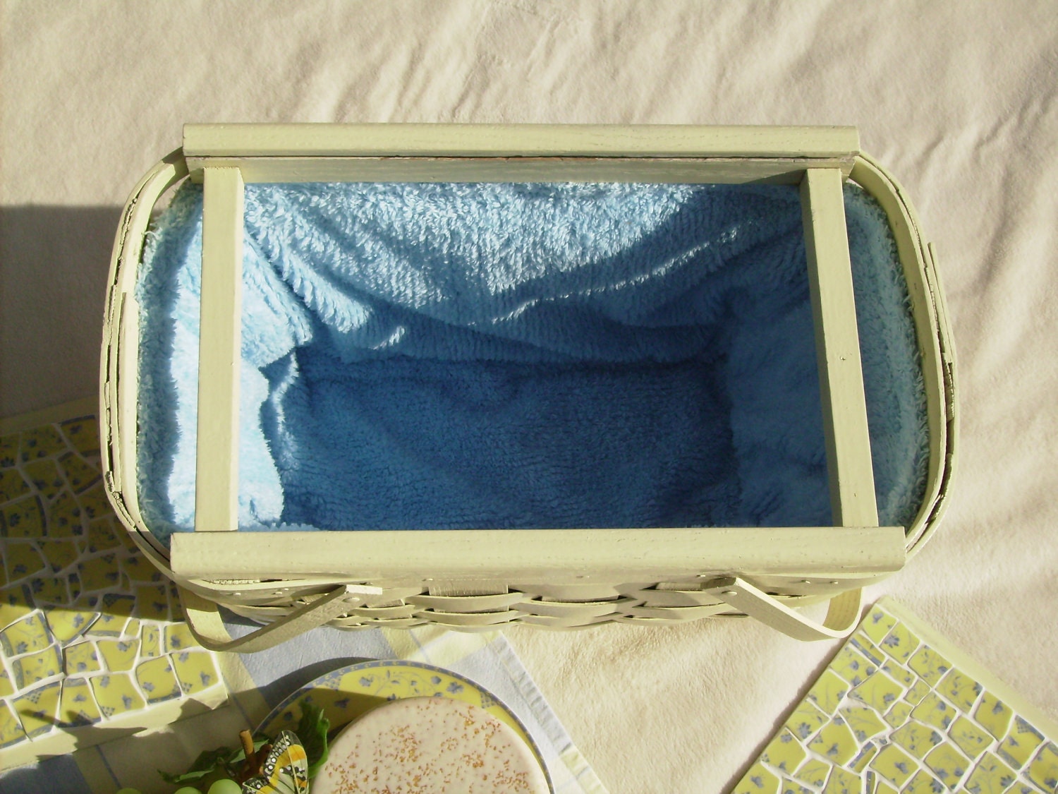 Vintage Picnic Basket with Blue and Yellow Antique China Mosaics