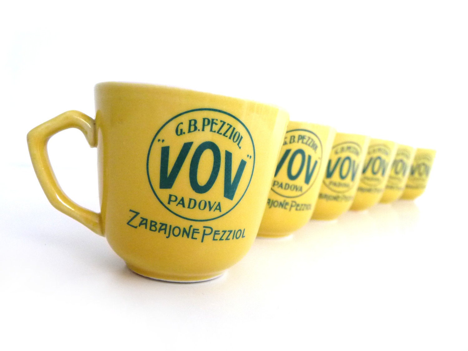 Vintage Porcelain Liqueur / Coffee Cups Set - Yellow, White and Green - Mod Advertising Set of 5 plus 1 chipped , Made in Italy - 1970s