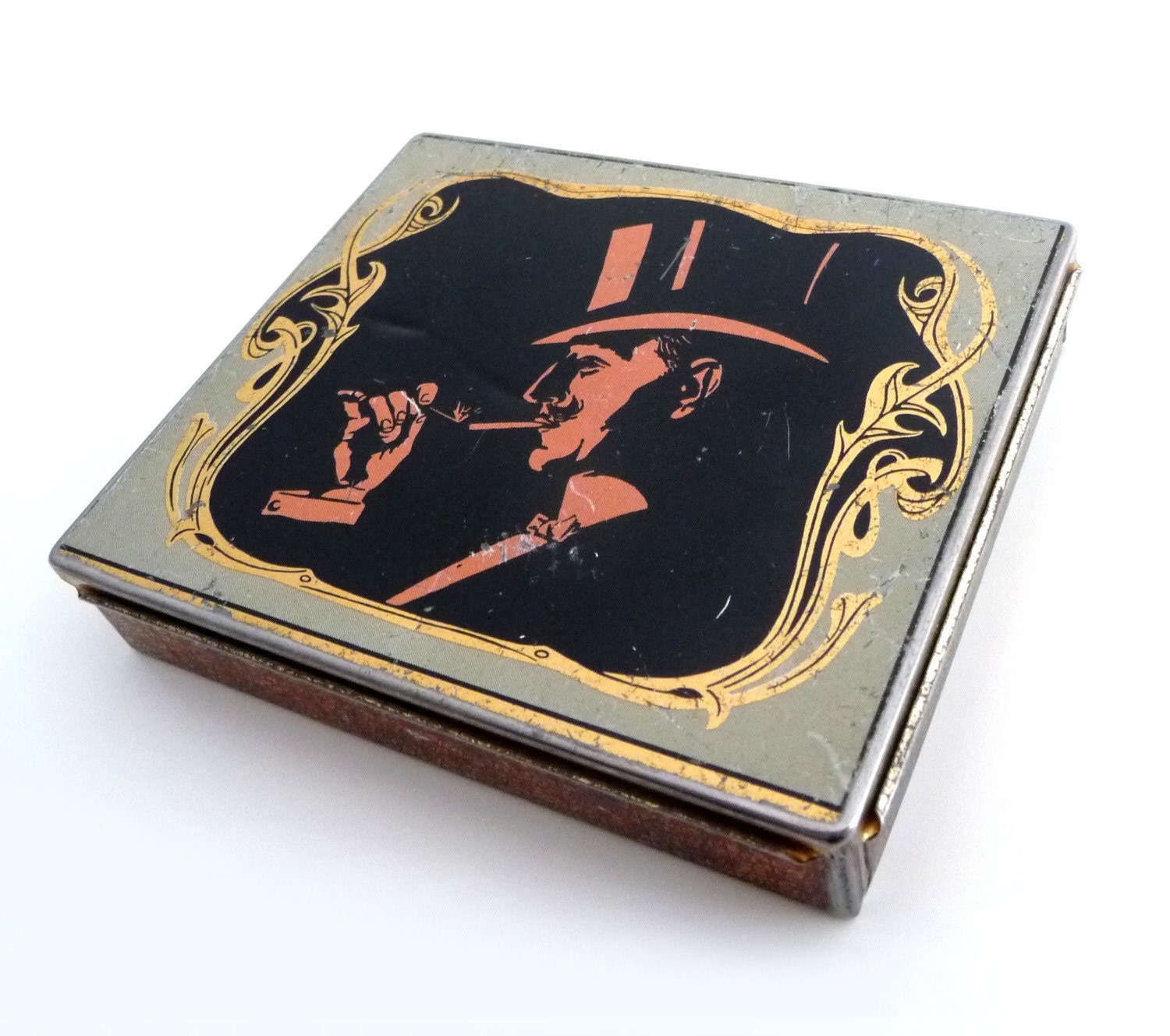 Vintage Cigarette Tin Box - Retro Advertising Metal Collection Box with Hinge Lid - Tobacco Case - 1960s