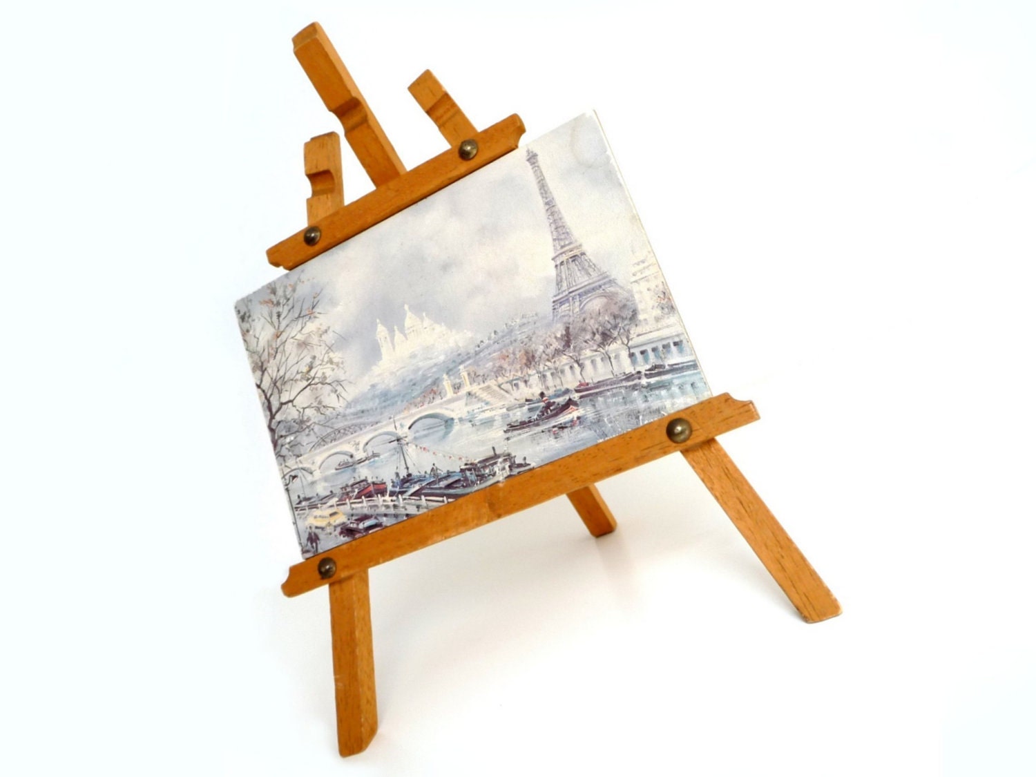 Vintage French Souvenir - Mini Wood Easel with Paris Landscape Painting - Eiffel Tower and Sein - Collectible