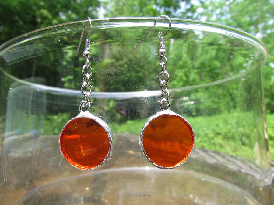 Earrings, Dangle,Round, Orange Cathedral Glass