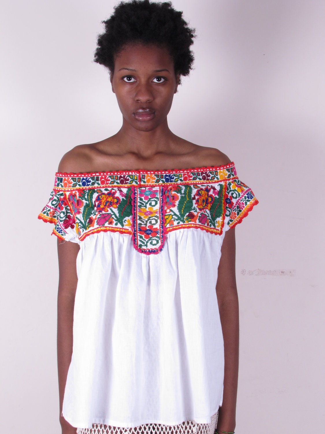 vintage 70s ethnic hippie boho heavily embroidered mexican tunic caftan shirt