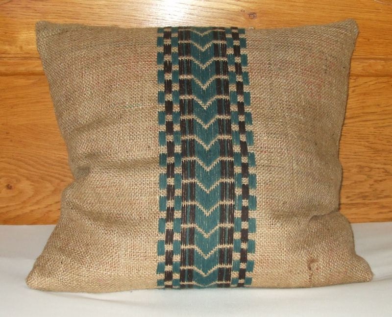 Traditional Rustic Hand Embroidered Wool Burlap Jute Pillow Cover