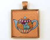 Teapot Jewelry - Orange Blue Pink Teapot Square Resin Pendant