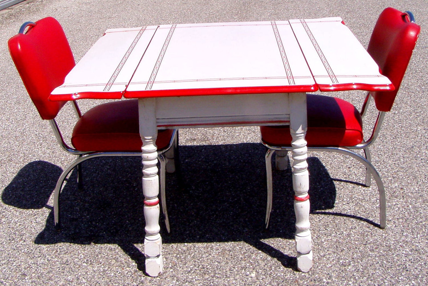 Vintage 1940's Red and White Enamel Top Distressed Dinette Table and Two Red Reproduction Chairs