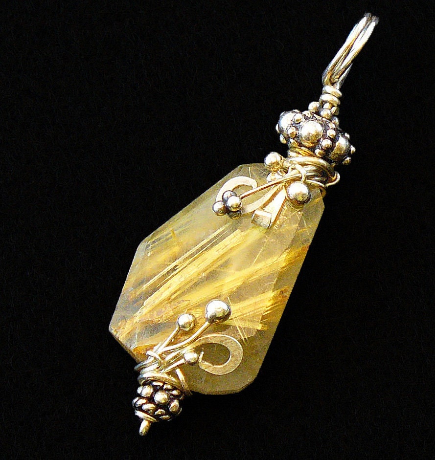 Rutilated Quartz and Sterling Silver Pendant Necklace