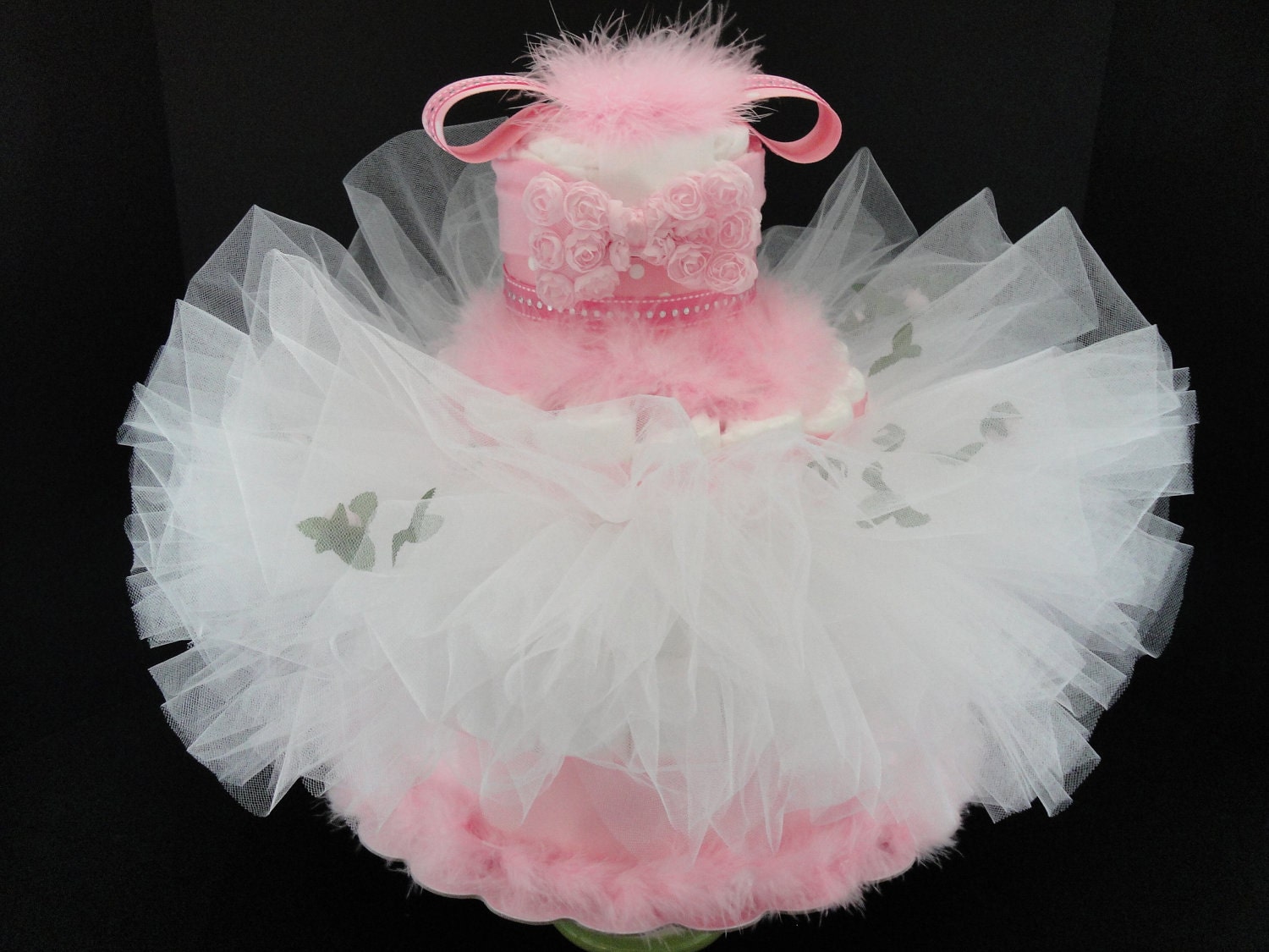 Custom Order Baby Diaper Cake - Pink & White Ballerina Tutu Baby Girl Diaper Cake Centerpiece- 3 Tier