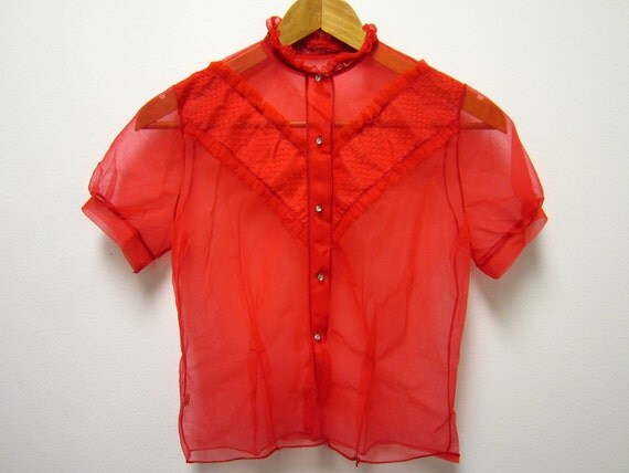1960s cherry tomato red sheer lingerie nightgown jacket cover up with rhinestone buttons