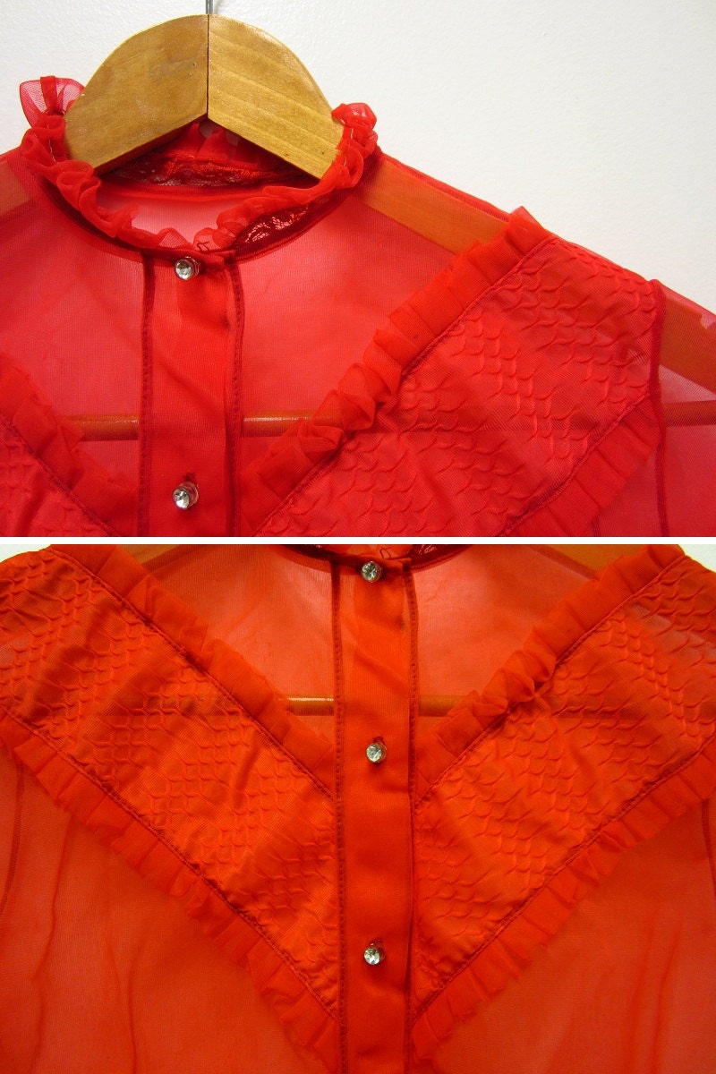 1960s cherry tomato red sheer lingerie nightgown jacket cover up with rhinestone buttons