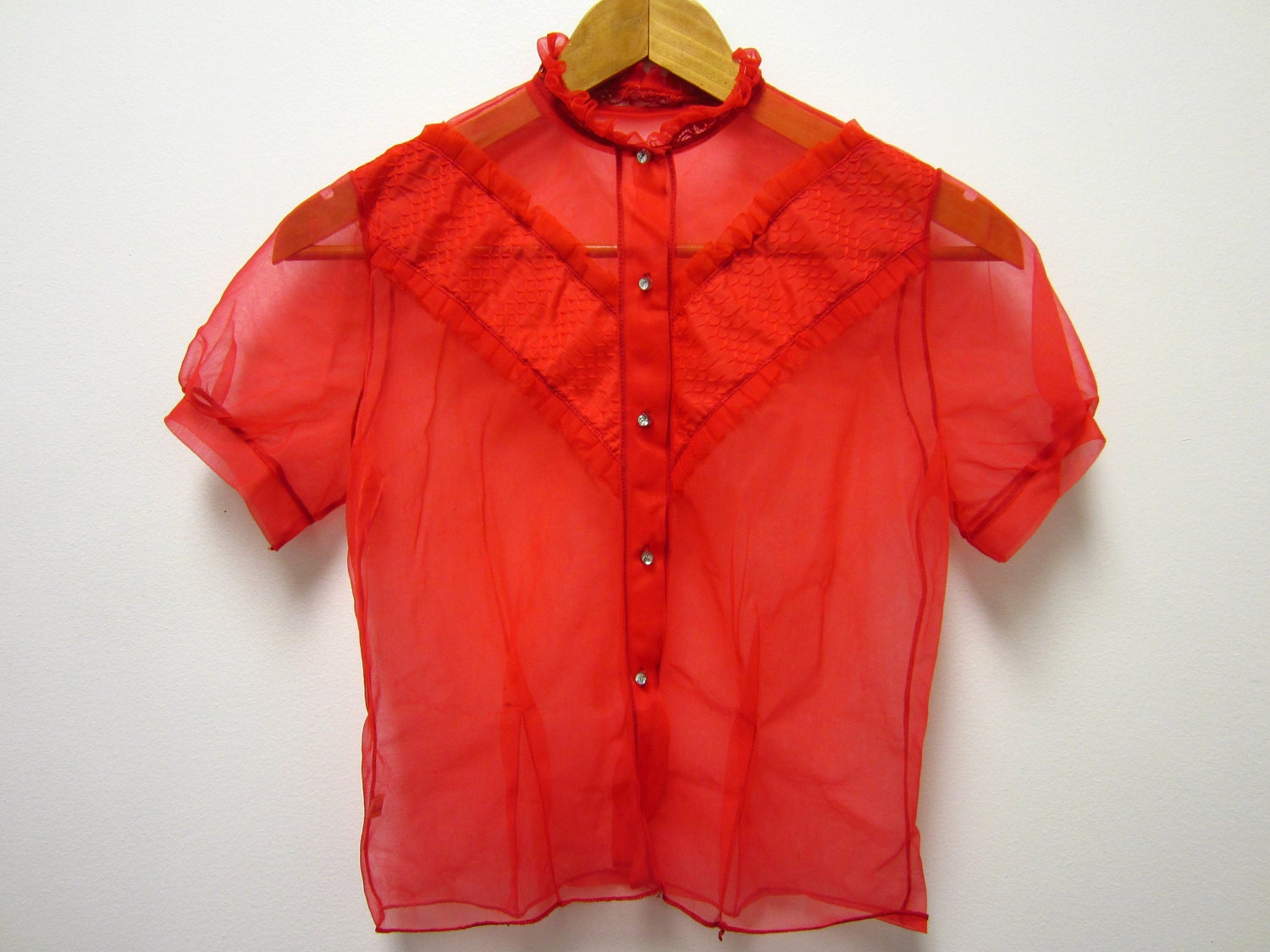 1960s cherry tomato red sheer lingerie nightgown jacket cover up with rhinestone buttons