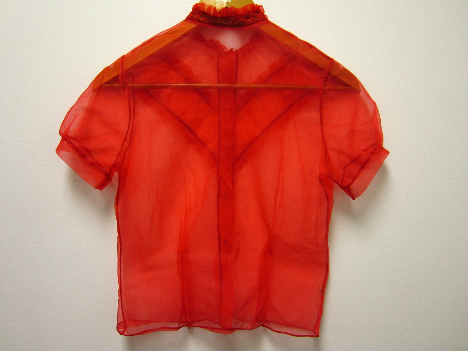 1960s cherry tomato red sheer lingerie nightgown jacket cover up with rhinestone buttons