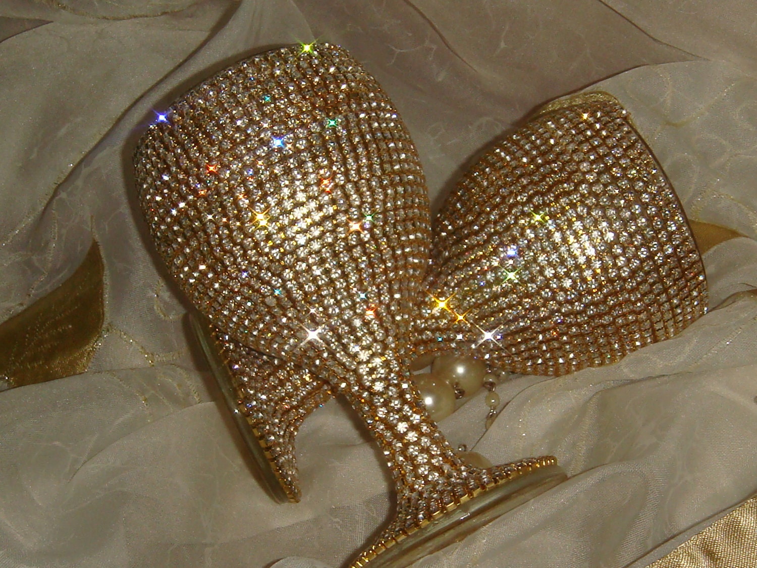 Custom designed handmade pair of golden wine glasses with Czech rhinestones