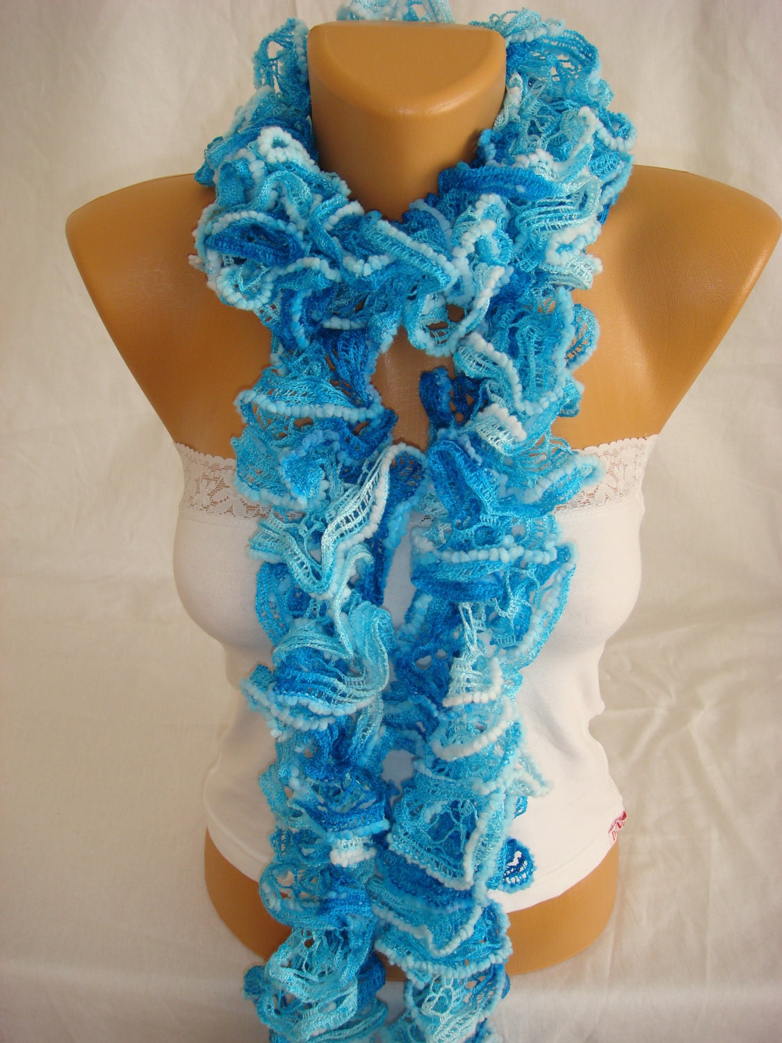 Hand knitted sky blue ruffled scarf