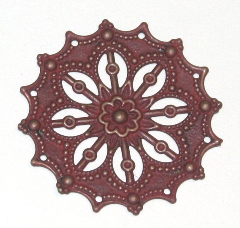 Rustic Red Shabby Patina, Brass Filigree, Hand Painted Charm, Flower, 34mm, 8 Pieces