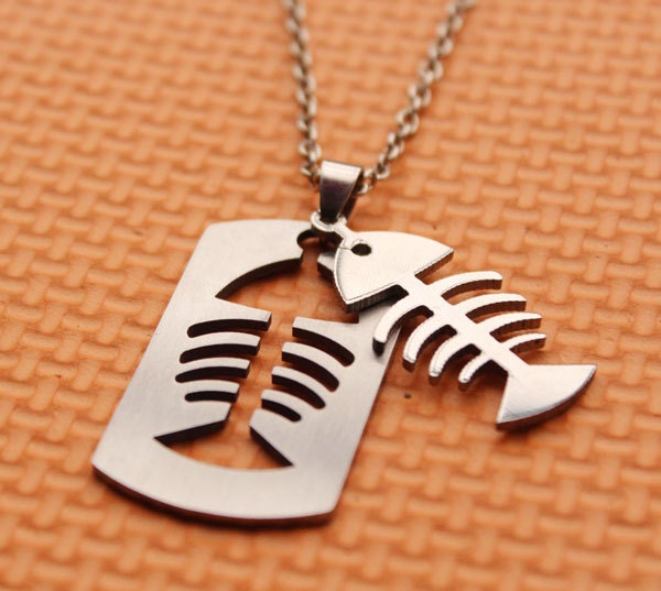 happiness necklace--fishbone pendant,fish charm necklace,could separation to 2,silver necklace,Titanium steel pendant