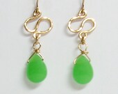 green drop agate gemstone dangle earrings, hammered gold filled earrings