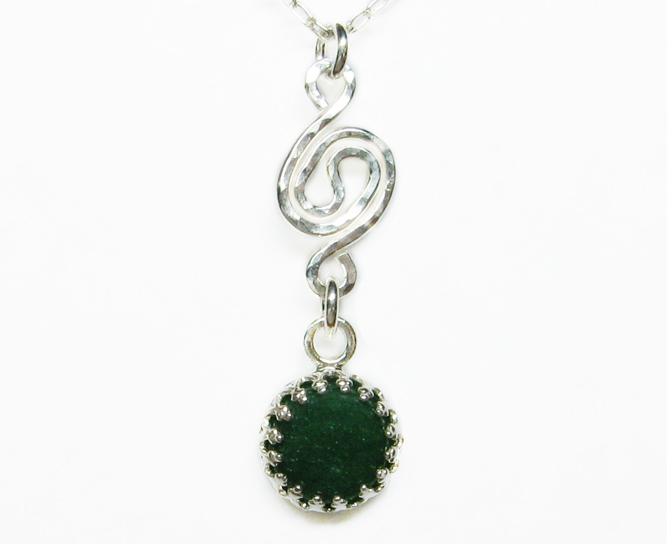 green aventurine gemstone necklace with hammered silver wire, and sterling silver necklace