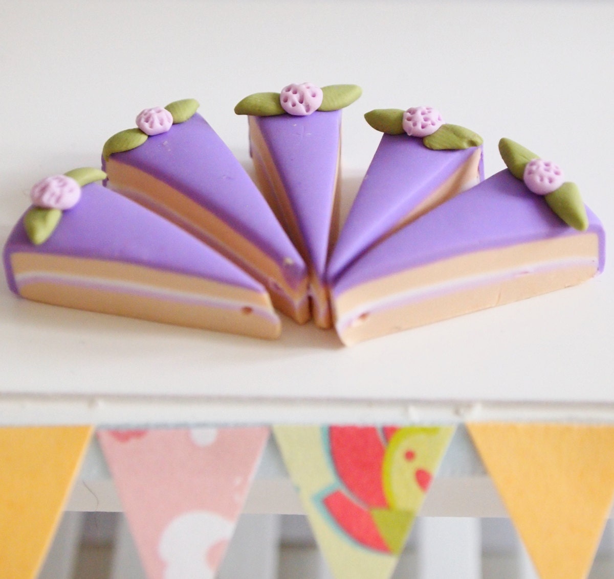 Miniature cake beads, 5pcs Handmade Purple slice of Cake charms