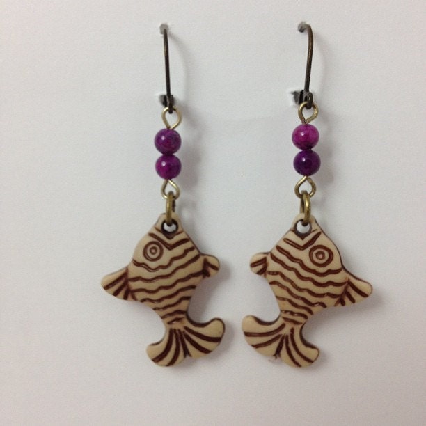 Tropical Fish  Earrings with Purple Magnesite Accent Beads - lastsummertreasures