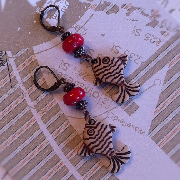 Tropical Fish Earrings with red coral accent bead